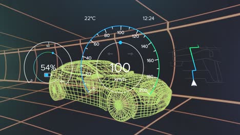 animación de la interfaz del coche sobre el modelo digital del coche sobre fondo negro