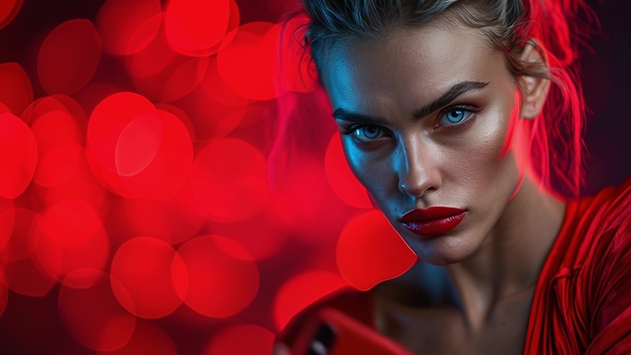 Donna con trucco occhi blu che tiene uno smartphone sotto una vivace luce rossa di notte
