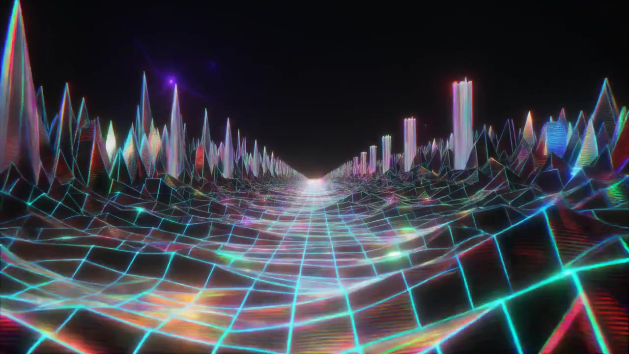 Retro Synthwave Style Digital Landscape with Glowing Grid and Mountains