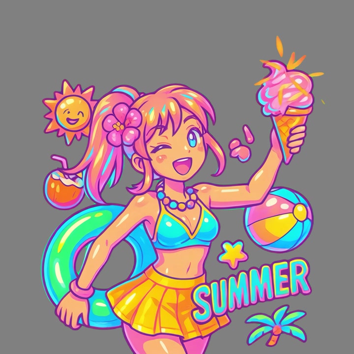 Ragazza anime dai colori vivaci con gelato e dettagli estivi.