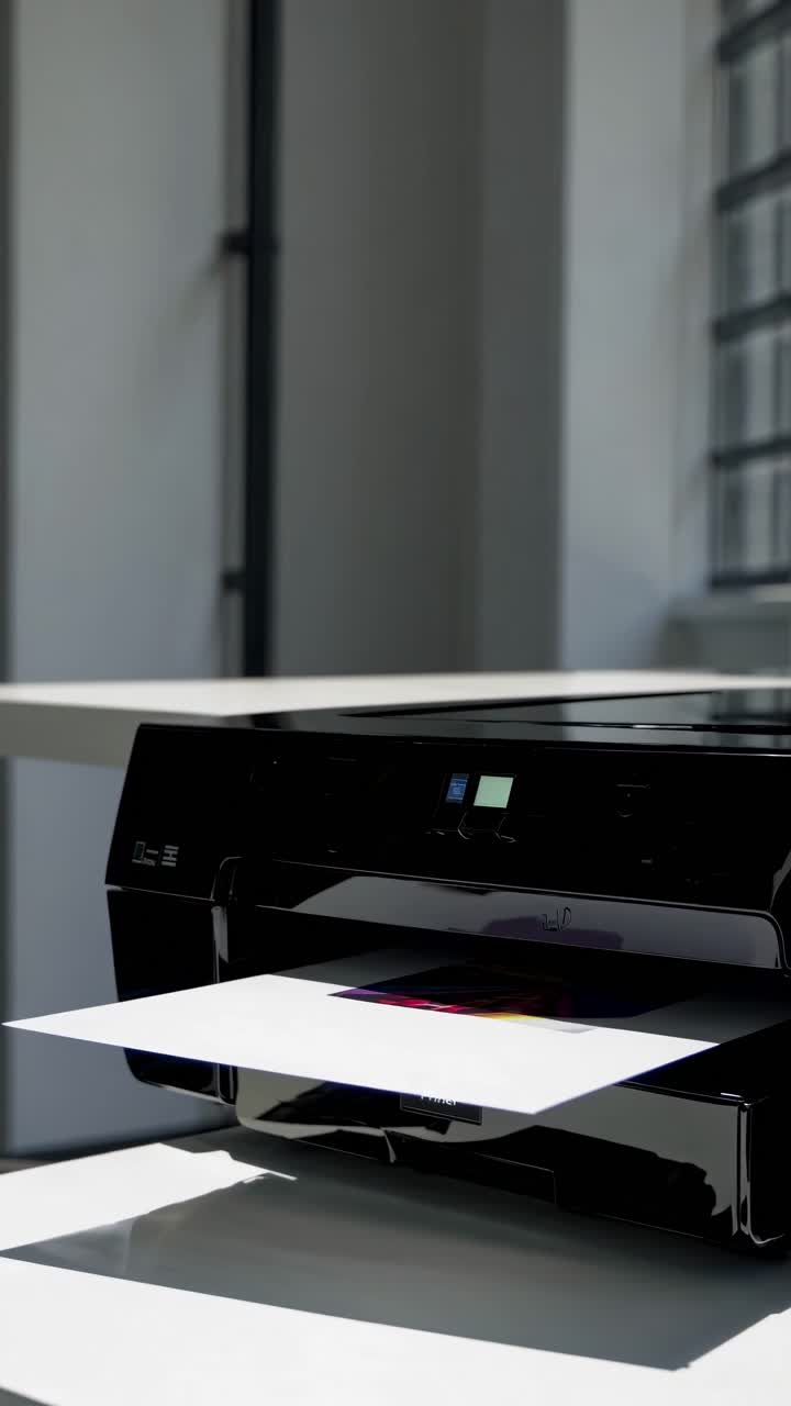 Close-up of a sleek printer on a table in a bright room with large windows