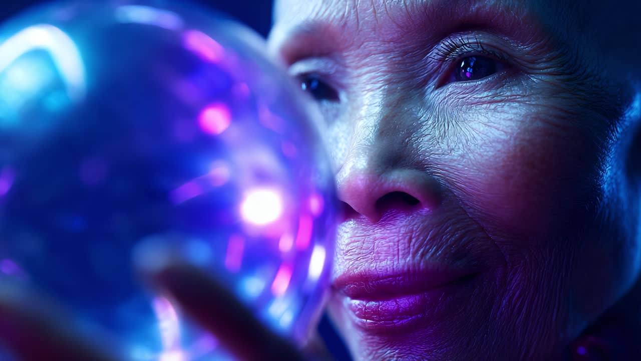 A captivating portrait of an elderly woman gazing intently into a mystical crystal ball, as vibrant colors and lighting illuminate her serene expression, suggesting wisdom and insight