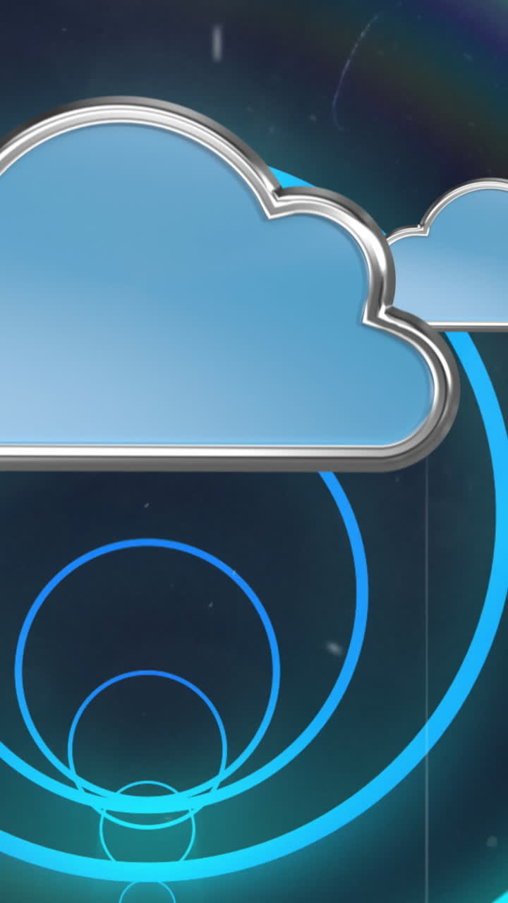 Animazione di forme geometriche al neon blu su icone di nuvole