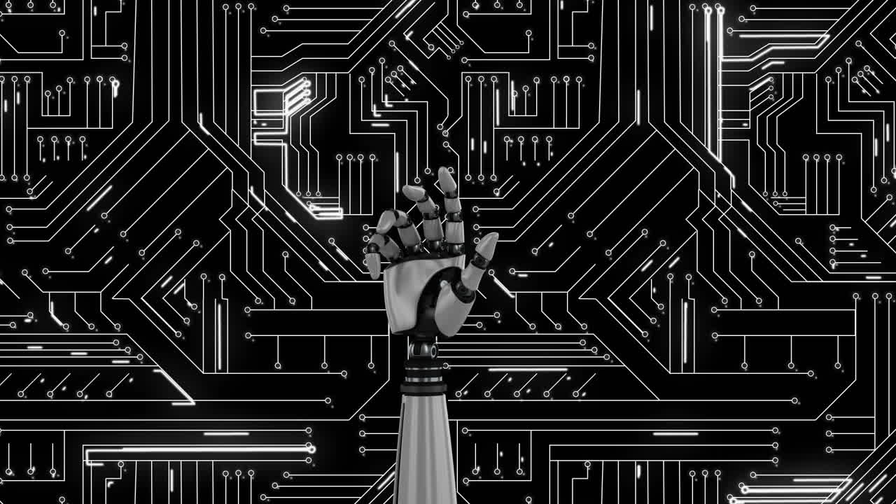 mano de robot y placa de circuito blanco brillante