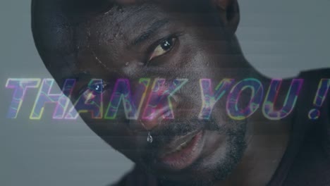 animation of thank you text over african american sportsman at gym