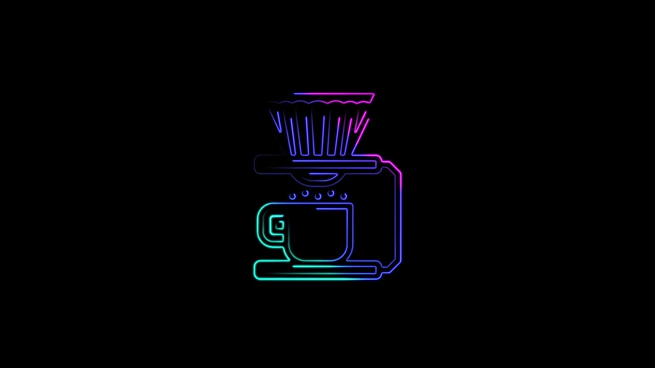 Icono de cafetera, animación abstracta sin fisuras con líneas de neón 4K. Hermosa animación de líneas de neón multicolores en video 4K.