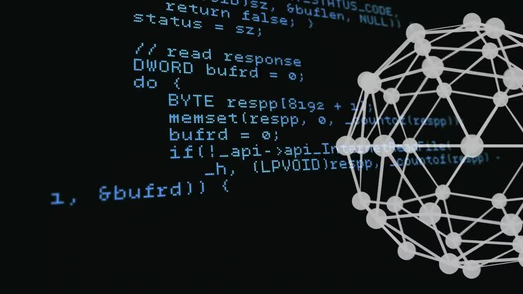 Animation of moving shapes and data processing on black background