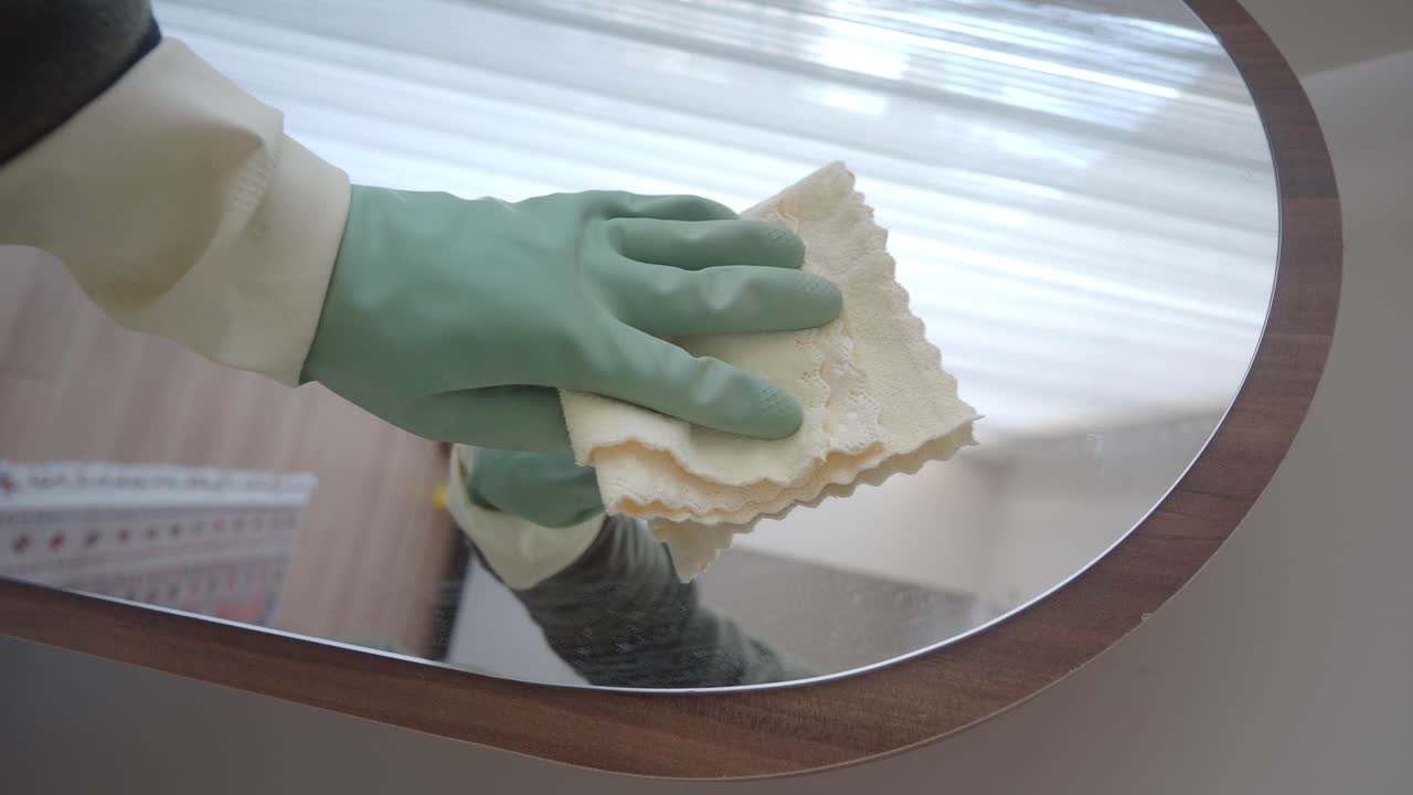 Cleaning a mirror with a glove and cloth