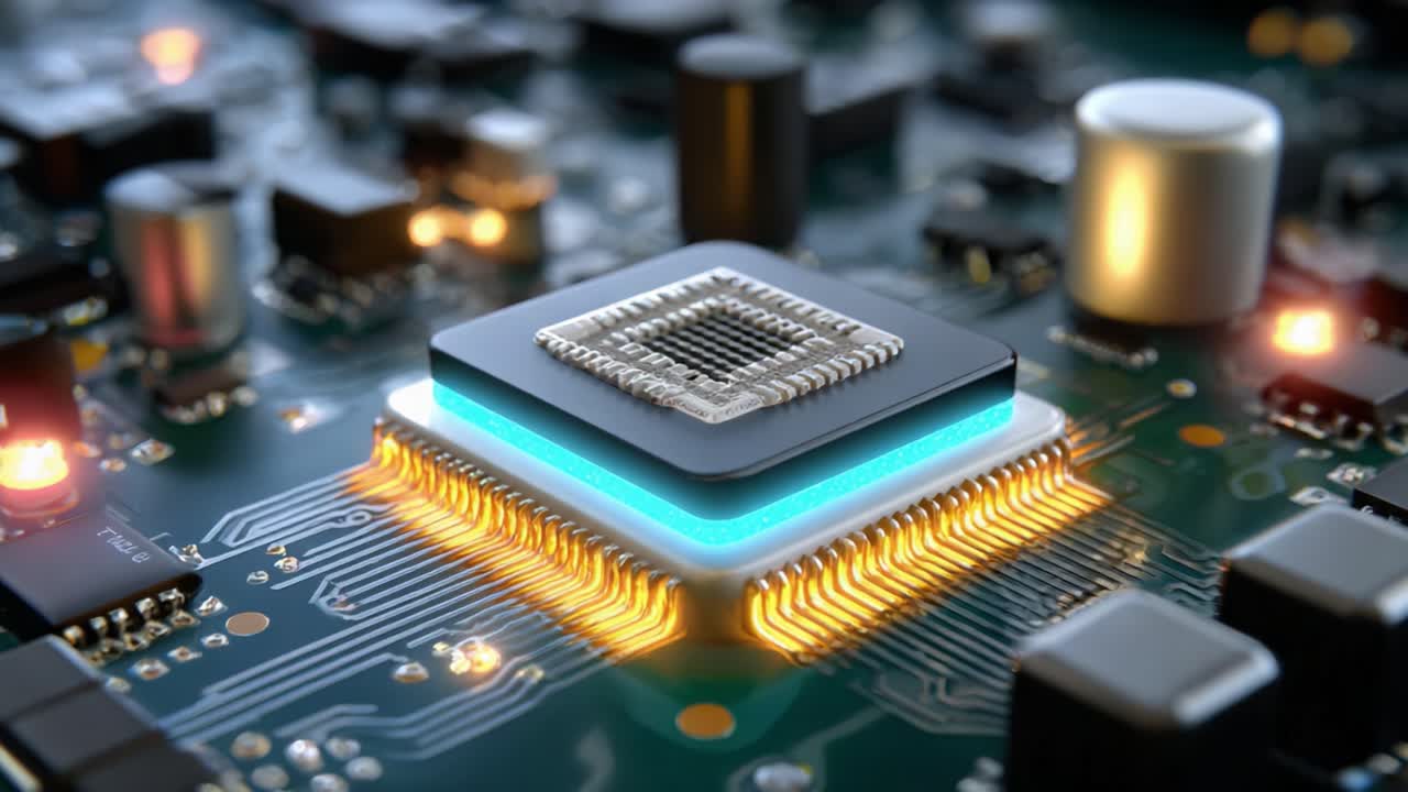 High-Resolution Close-Up of a Modern Microprocessor on a Circuit Board, Showcasing Intricate Details, LED Lighting Effects, and Advanced Technology in a Vibrant Electronic Environment