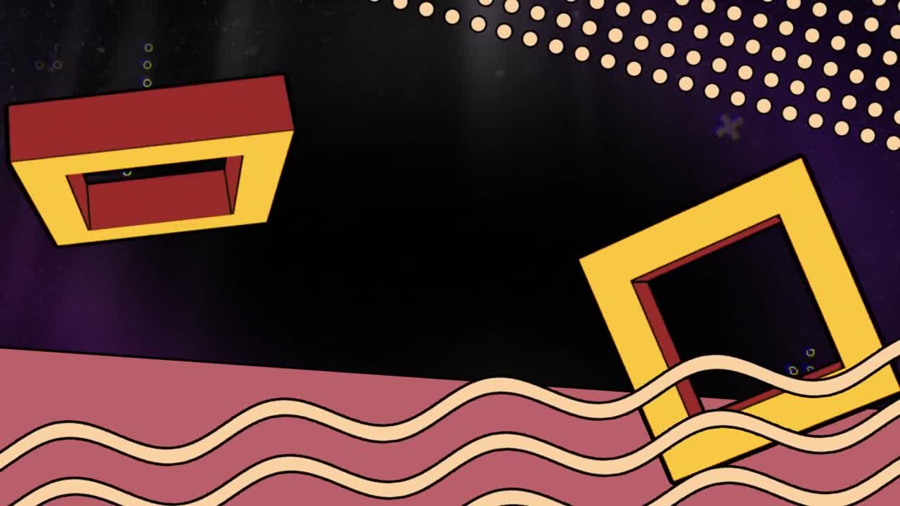 검은 바탕에 회전하는 사각형, 파동 및 추상적인 모양의 애니메이션