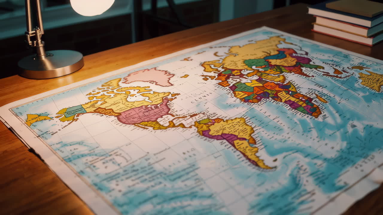 Vintage World Map on a Wooden Desk