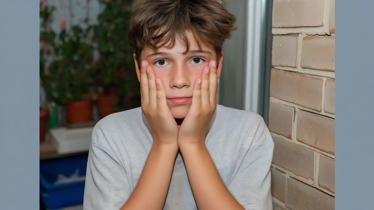 Young boy displays a journey of emotions, moving from worry to tranquility, framed by a warm indoor environment with soft lighting and natural elements