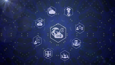 animación de iconos en hexágonos y puntos que forman un patrón de mandala contra un fondo abstracto