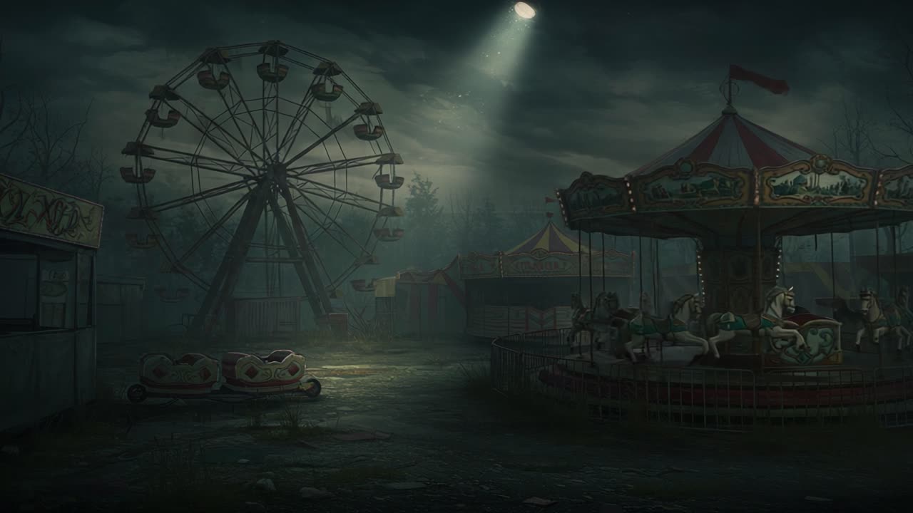 Abandoned Amusement Park at Night: Eerie Silence Surrounds the Ferris Wheel and Carousel Under Mysterious Moonlight with Overgrown Grass and Forgotten Memories