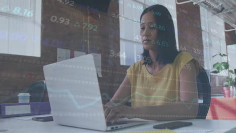 animación de tablero de comercio multicolor sobre mujer biracial trabajando en computadora portátil en la oficina