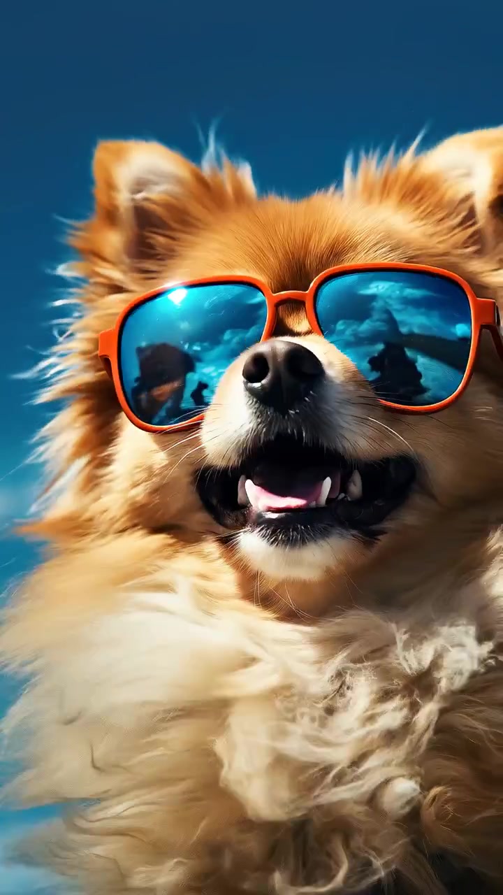 Primo piano di un cane soffice e felice che indossa occhiali da sole contro un cielo blu