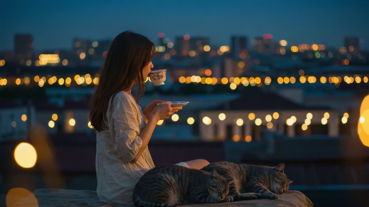 A Serene Evening Scene: A Woman Enjoying Tea with Her Cats While Gazing at the City Lights as Twilight Falls, Creating a Calm and Cozy Atmosphere
