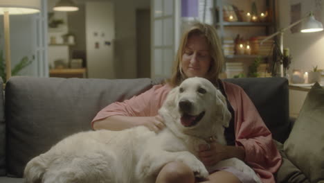 woman petting adorable golden retriever on sofa