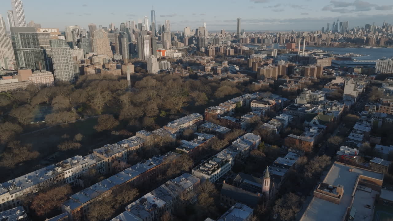 Aerial view of Fort Greene Park and the New York City skyline. Shot at sunrise during the winter in Brooklyn, New York.