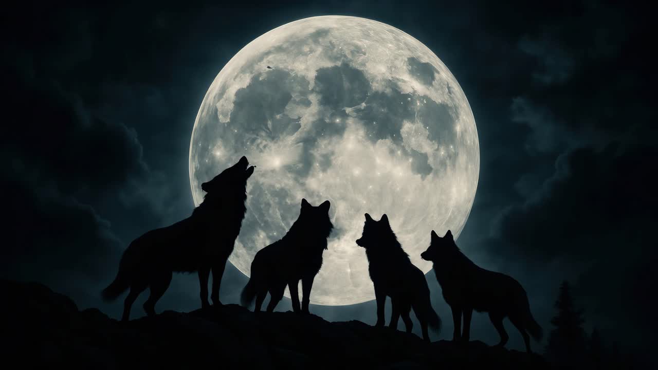 Silhouetted wolves howling at a full moon, captured from a low angle