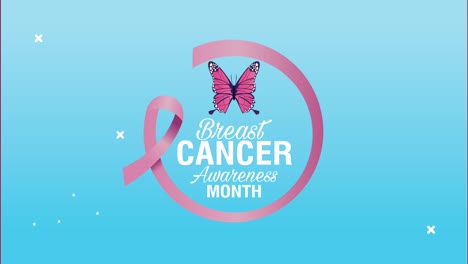 breast cancer awareness month lettering with pink ribbon and butterflies