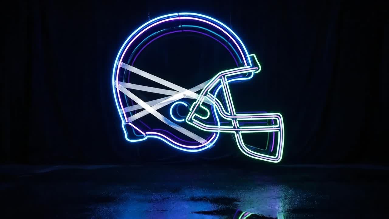 Cartel de neón brillante de casco de fútbol americano con reflejos