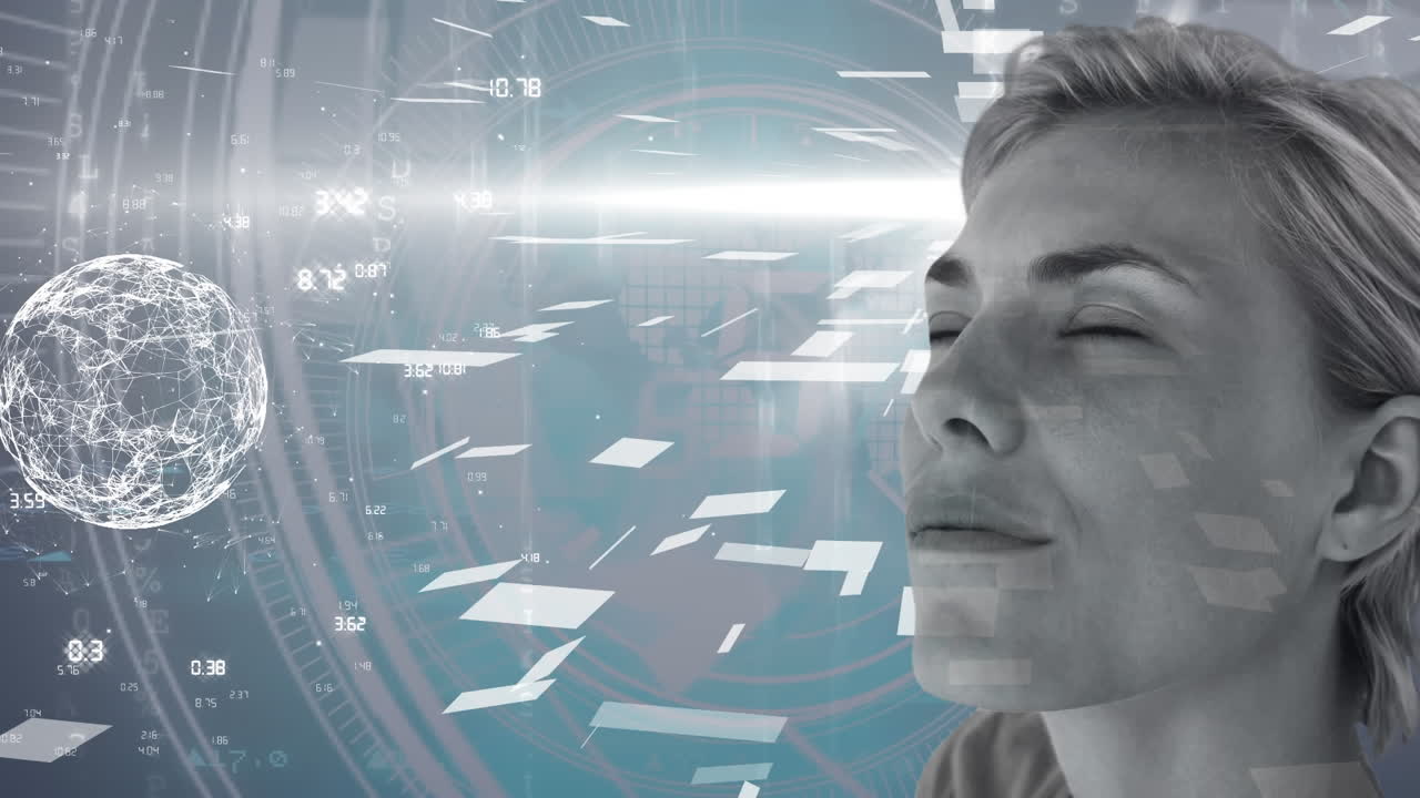 animación del globo, escaneo de alcance y procesamiento de datos sobre una mujer de negocios