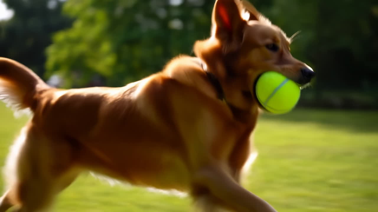 Golden Retriever che corre con una palla da tennis, ambientazione di parco soleggiato con erba verde vibrante, sfocatura di movimento dinamica