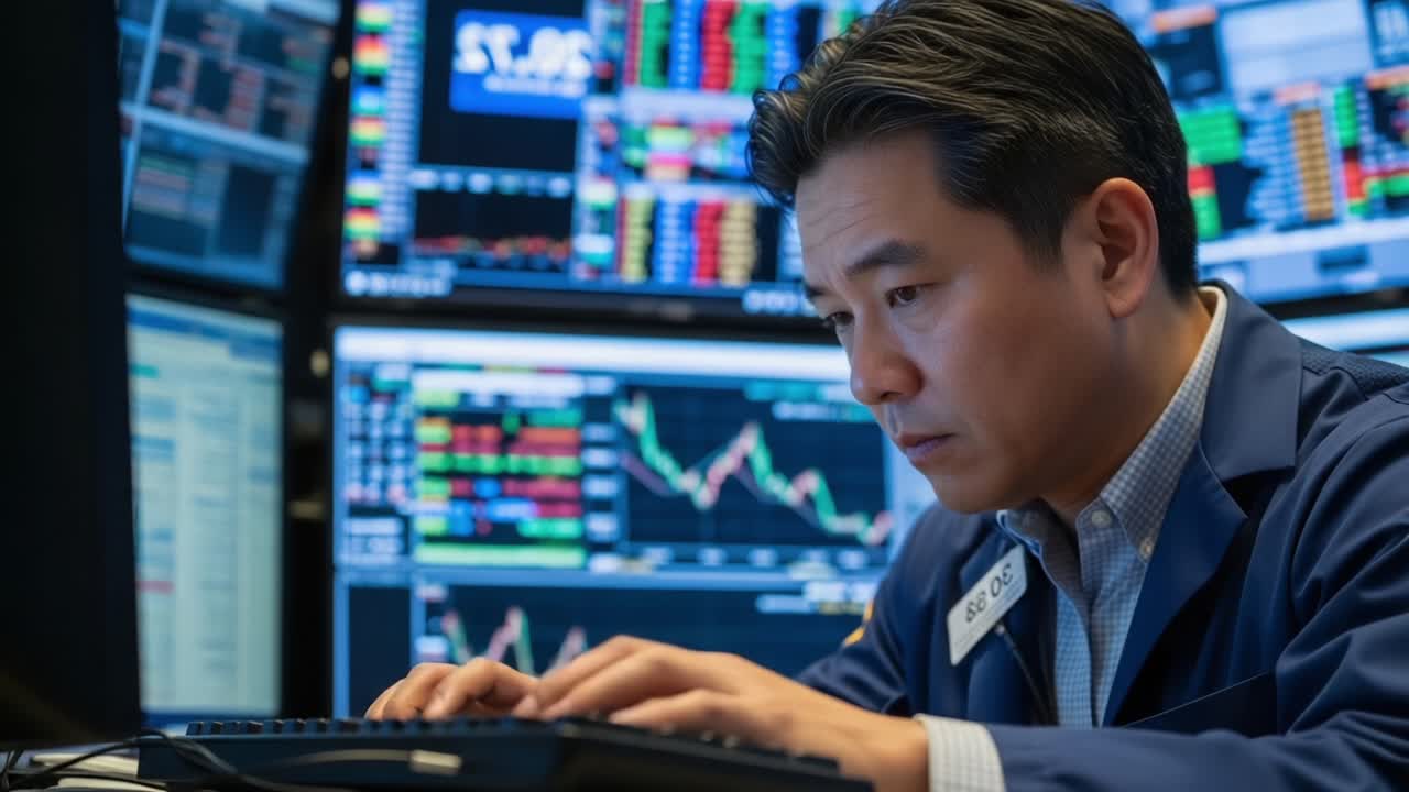 Focused trader analyzing market trends and charts in a fast-paced financial environment, utilizing advanced technology to make informed trading decisions