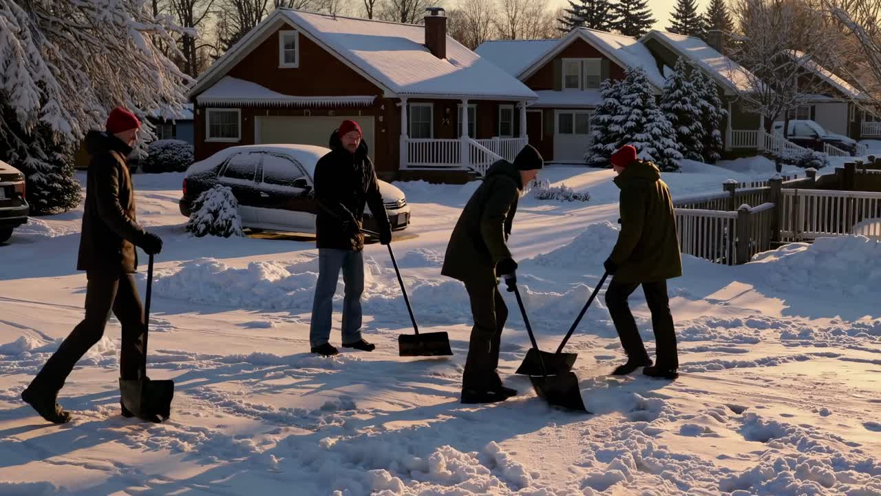 A group of people shoveling snow in a suburban neighborhood at sunset