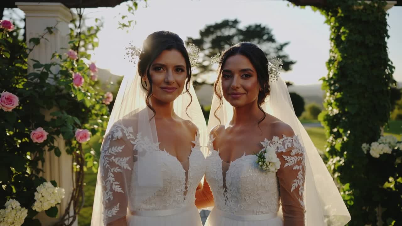 Des mariées debout se tenant par la taille, en robes de mariée et voiles, lors de portraits de jardin, le soleil montant dans le cadre.