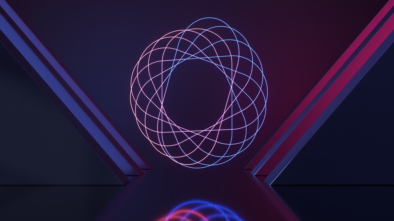 las líneas de neón de rotación en la habitación, renderización 3d.