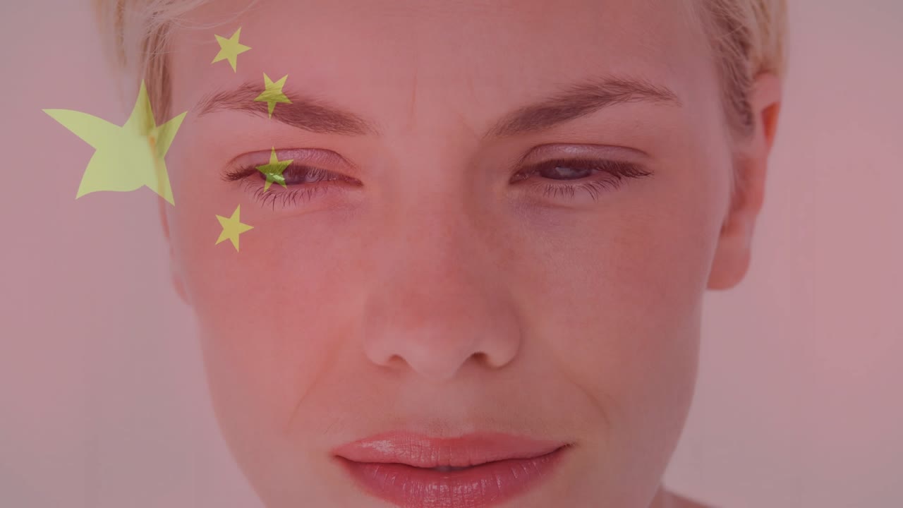 Adult female facing squinting left reacting to yellow five-star overlay on pink backdrop for beauty