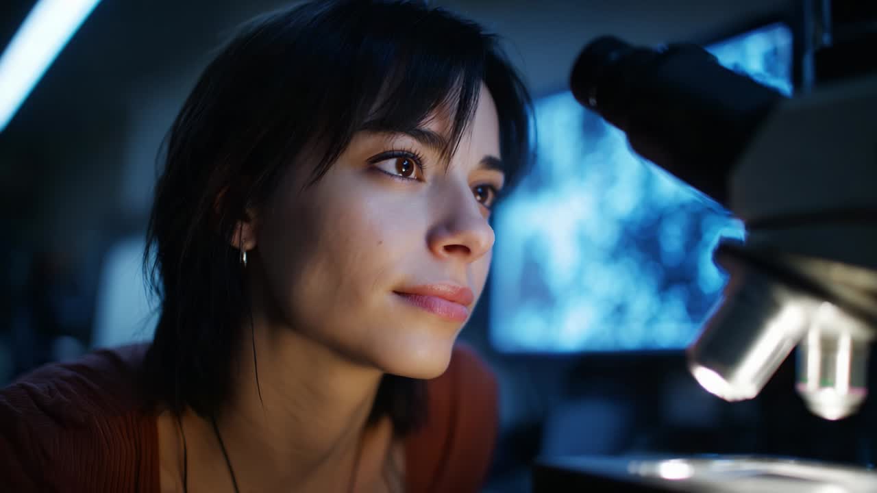 A Young Woman Engaged in Scientific Exploration, Studying Microscope Samples with Intense Curiosity and Focus in a Modern Laboratory Environment, Illuminated by Ambient Light and Advanced Technology
