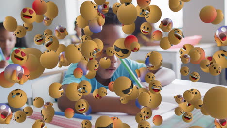 in school, animation of smiling emojis floating over children studying in classroom
