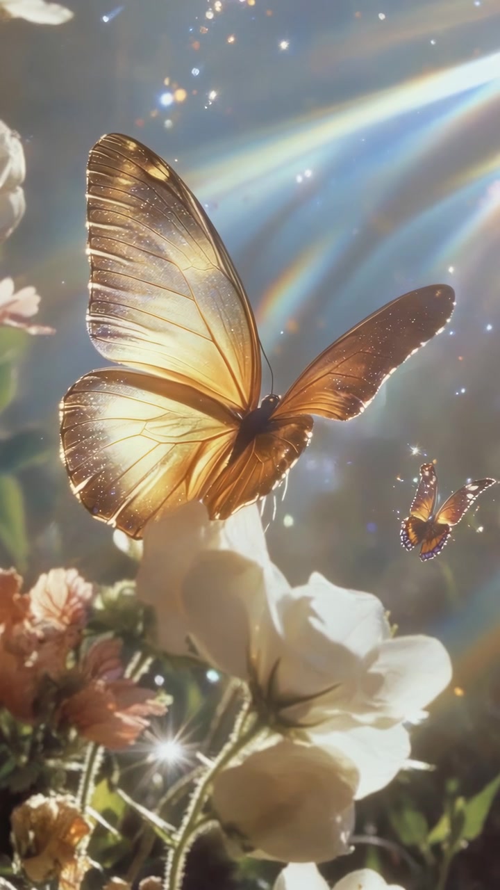 Farfalla dorata eterea su fiore bianco sotto la luce solare scintillante