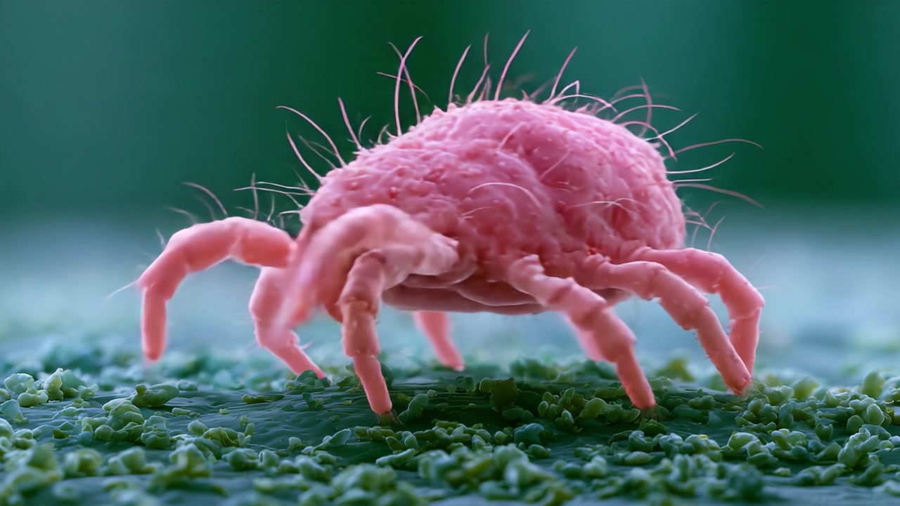 Uno studio ravvicinato di un micro aracnide rosa che si muove su una superficie verde, mettendo in mostra le caratteristiche e le texture dettagliate di questo insetto unico.
