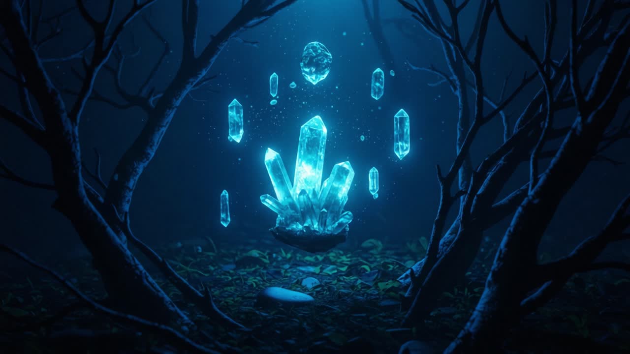 Illuminated Crystals Encased in a Mysterious Forest, Radiating Ethereal Light Amidst Twisting Branches and Enigmatic Shadows in a Dreamlike Setting