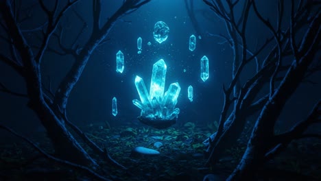 illuminated crystals encased in a mysterious forest, radiating ethereal light amidst twisting branches and enigmatic shadows in a dreamlike setting