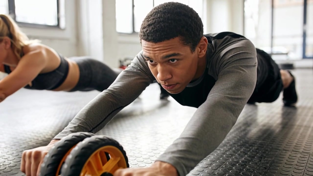 Pushing male in dark top doing dual ab-roller rollout at gym, female mirroring for core strength