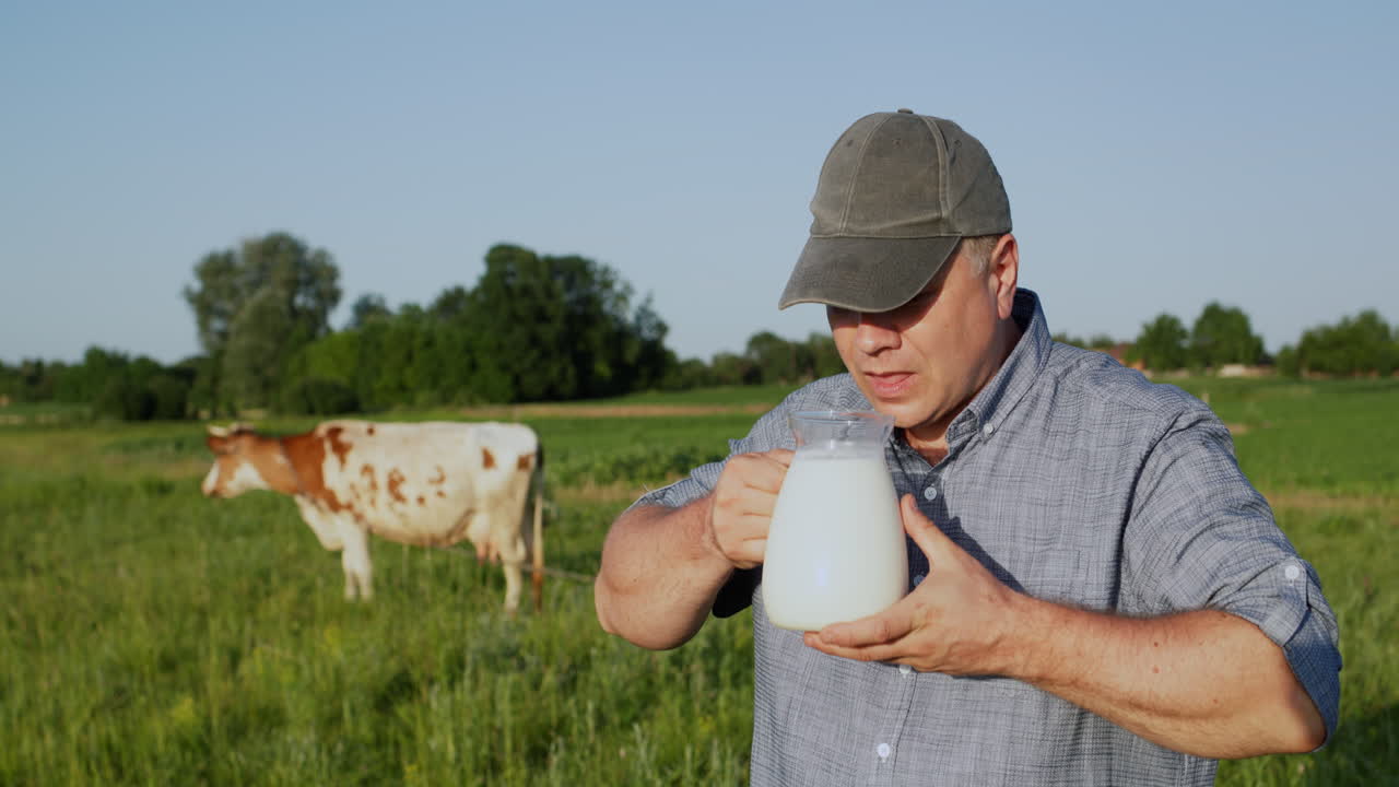 un granjero bebe leche de una jarra