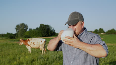 a farmer drinks milk from a jug