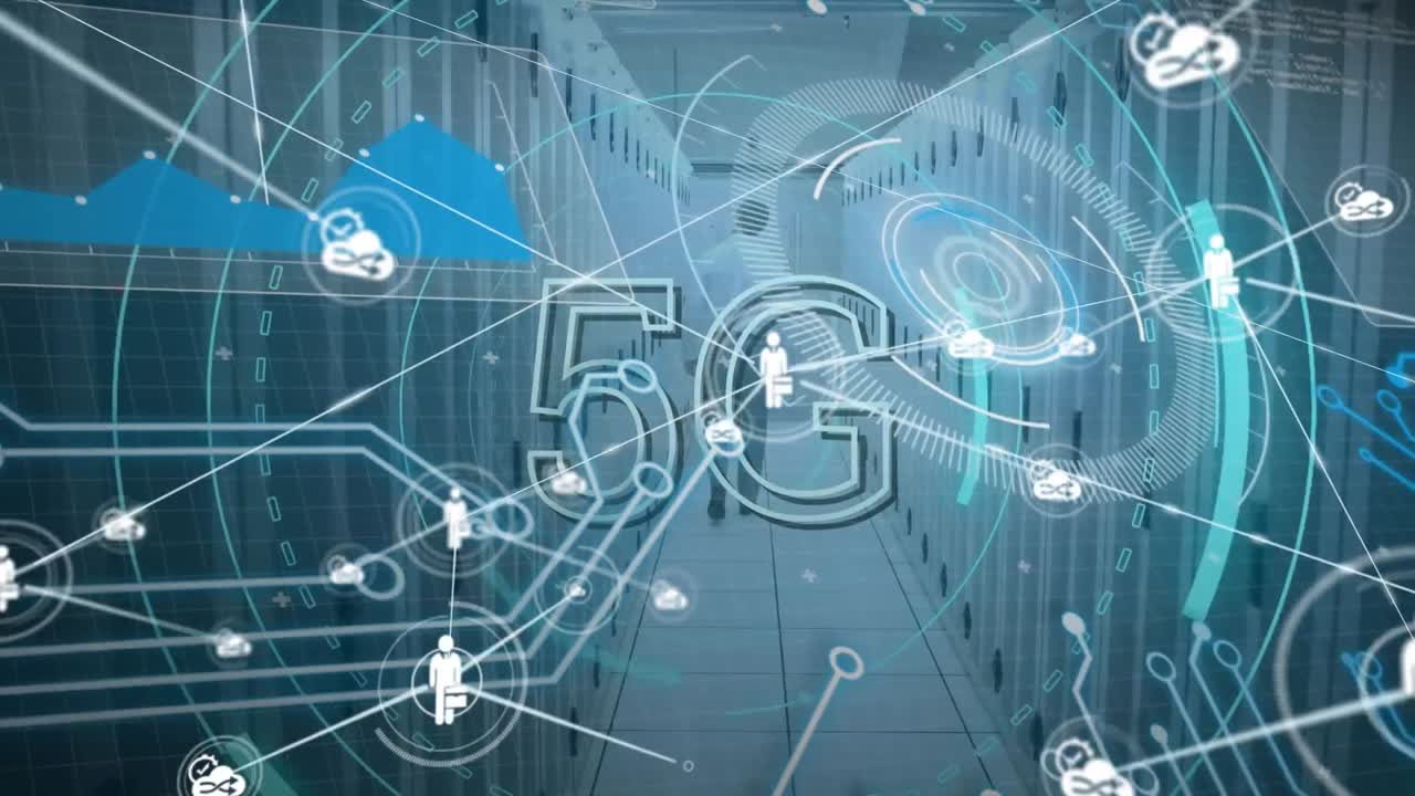 animación de texto 5g, red de conexiones y procesamiento de datos a través de servidores informáticos.