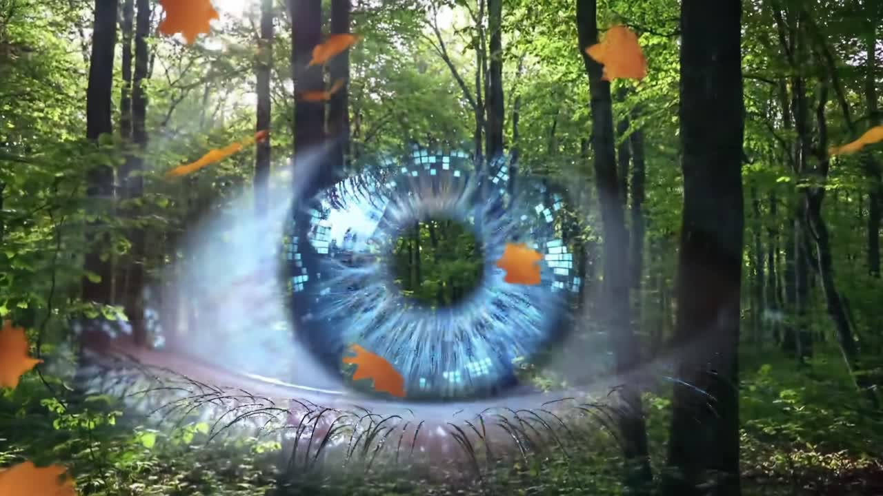 A Captivating Journey Through Nature: An Enigmatic Eye Surrounded by a Lush Forest and Whirling Leaves, Symbolizing Vision and Connection to the Environment