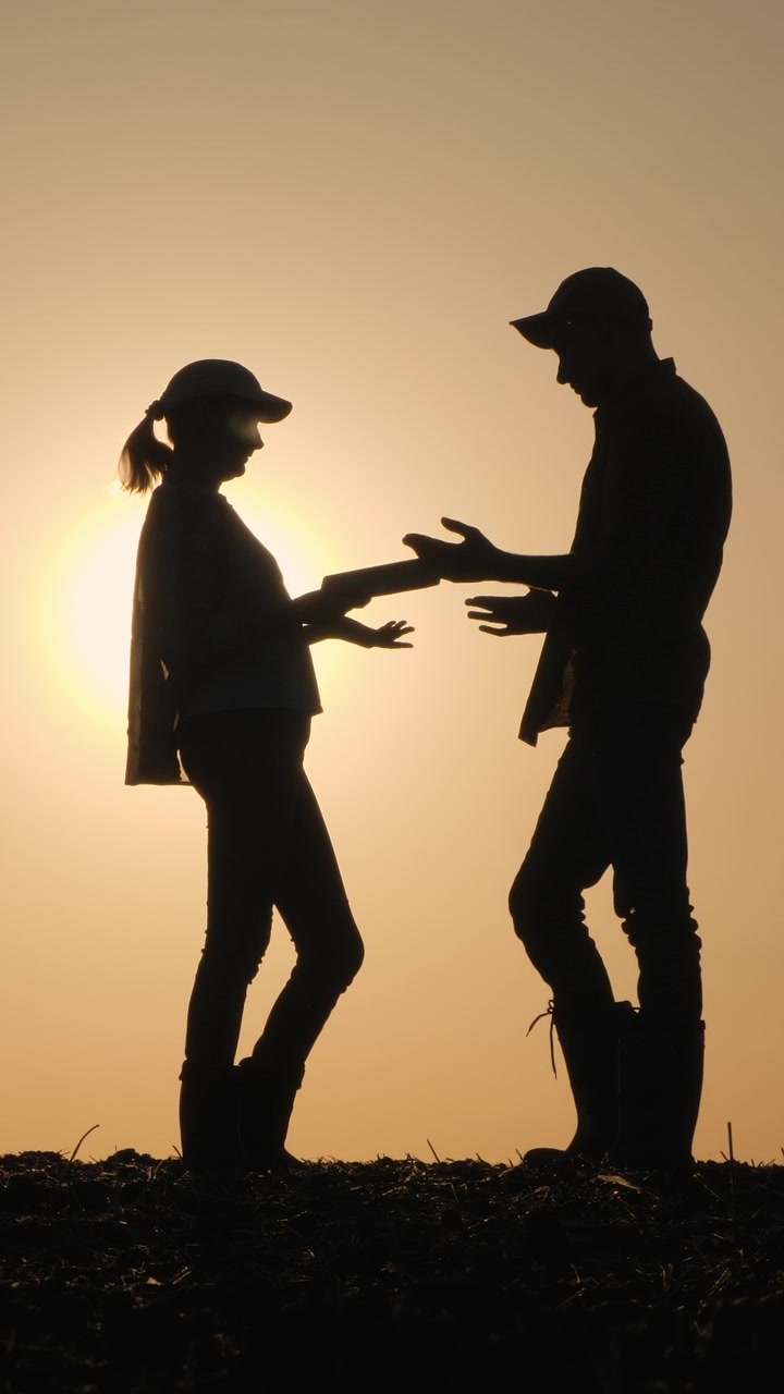 Sagome di agricoltori che comunicano nel campo al tramonto