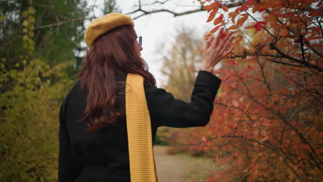 back view of a young lady in a yellow beret and muffler walking along a nature path, gently touching red autumn leaves, enjoying the seasonal beauty and tranquility of the moment