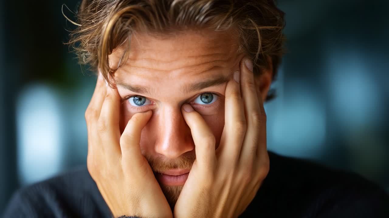 A close-up of a man with striking blue eyes expressing deep emotion through his hands pressed against his face, conveying thoughts of stress, concern, or anxiety