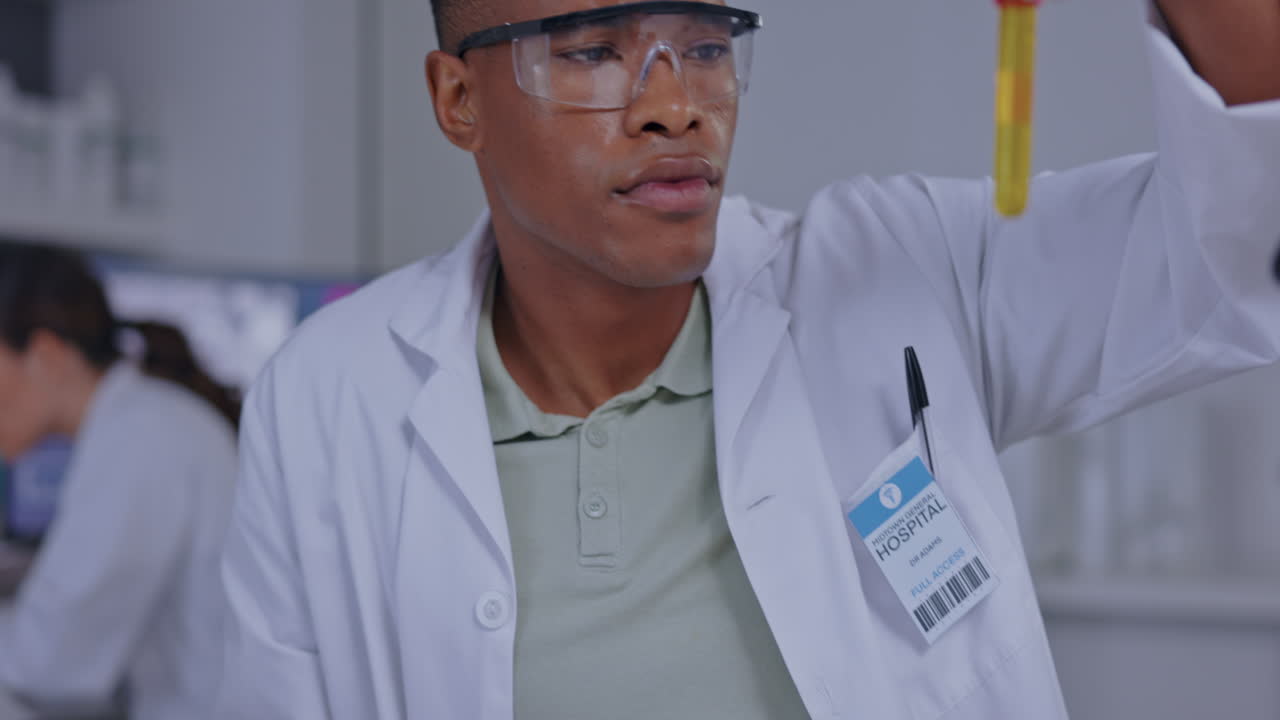 Science, chemistry and sample with black man