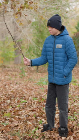 primer plano de un niño con chaqueta azul y gorra negra esparciendo juguetonamente hojas secas de otoño en el suelo del bosque con un palo, creando una escena al aire libre de otoño animada y alegre