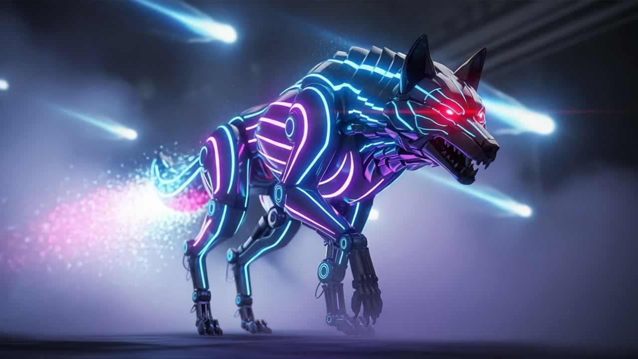 Futuristic Neon Cyber Wolf: An Electrifying Mechanical Beast Embodying Advanced Technology, Speed, and Intensity, Dashing Through a Dreamlike Digital Environment